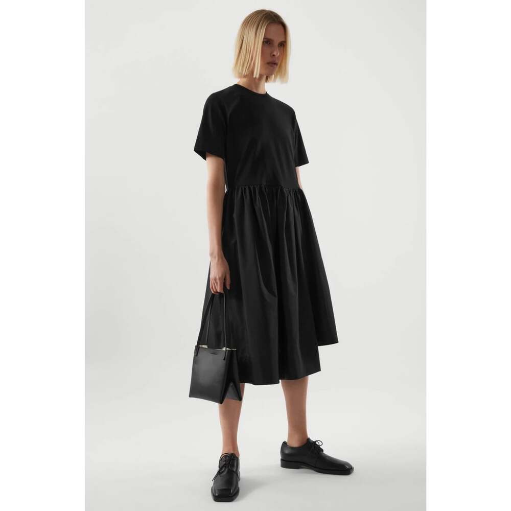 COS A-Line Contrast Skirt Dress Black Size Large L Cotton Midi Pocket EUC